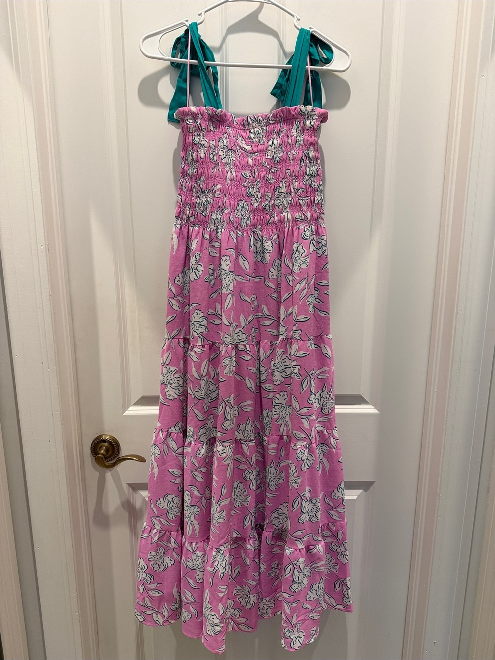 Aaron & Amber Pink Floral Tiered Sundress with Green Tie Straps Medium